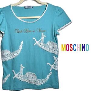Moschino “Rush Hour in Venice” Light Blue Crochet Detailed Tee - Size Small